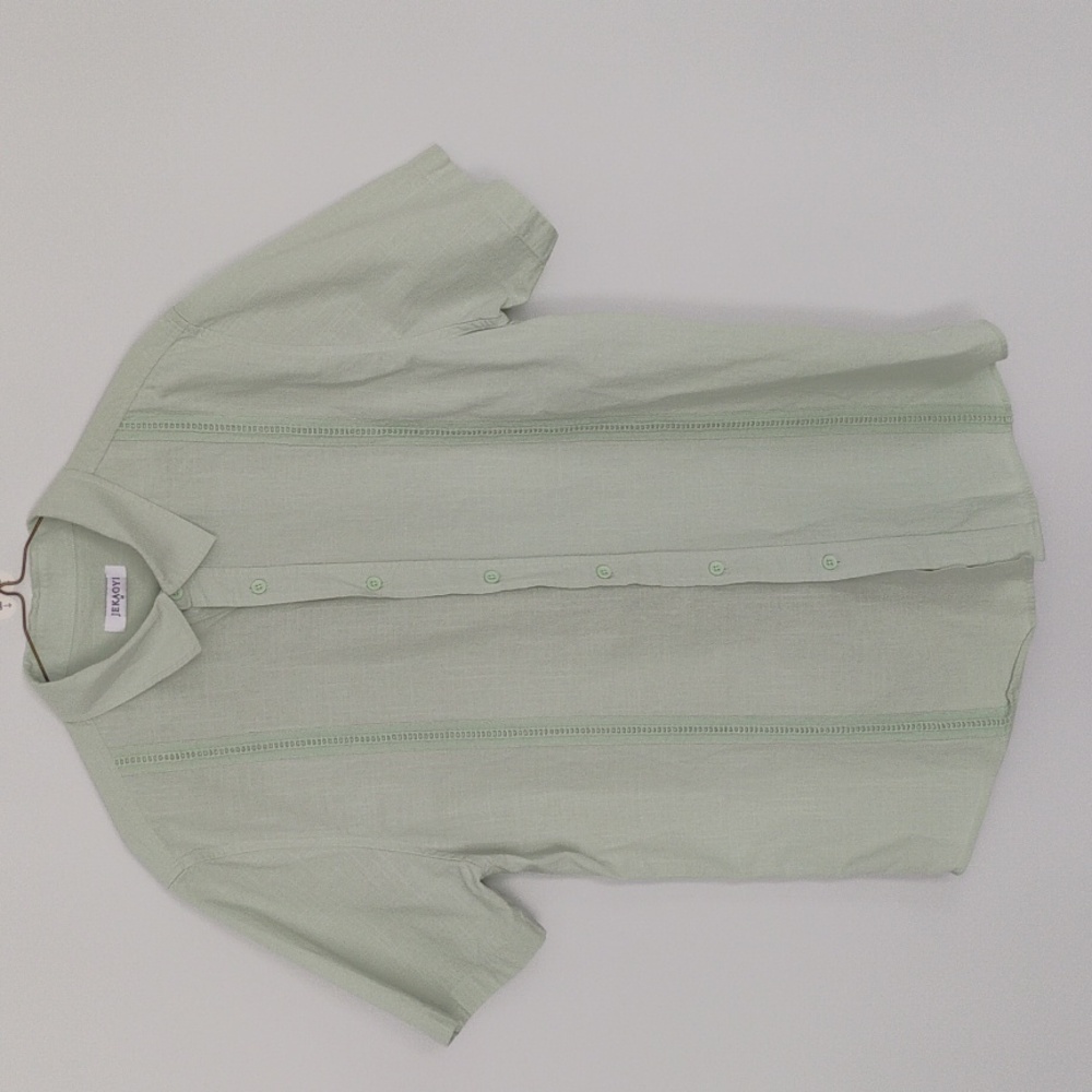 Jekaoyi Mens Linen-Cotton Collared Shirt Light Green w/Guayabera Style Trim - M